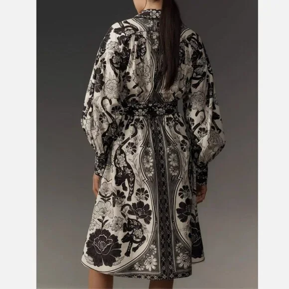 Farm Rio Anthropologie Long-Sleeve Collared Midi Shirt Dress Black White XS NWT